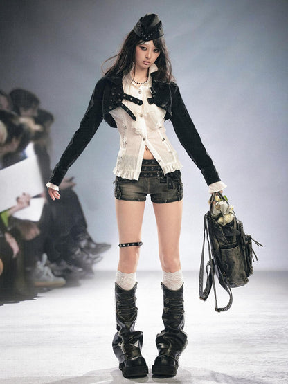 Cest Nous Black Lace Trim Buckle Faux Distressed Women&