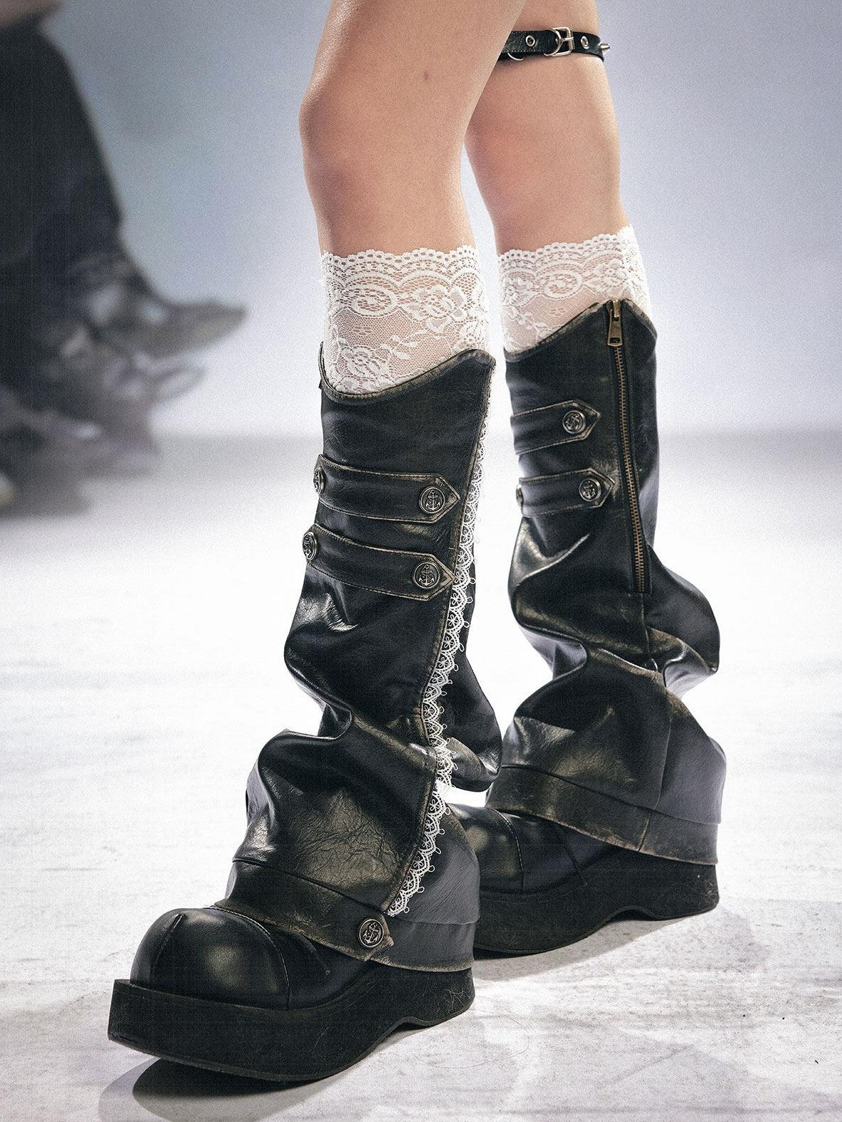 Cest Nous Black Lace Trim Buckle Faux Distressed Women&