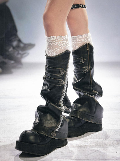 Cest Nous Black Lace Trim Buckle Faux Distressed Women&
