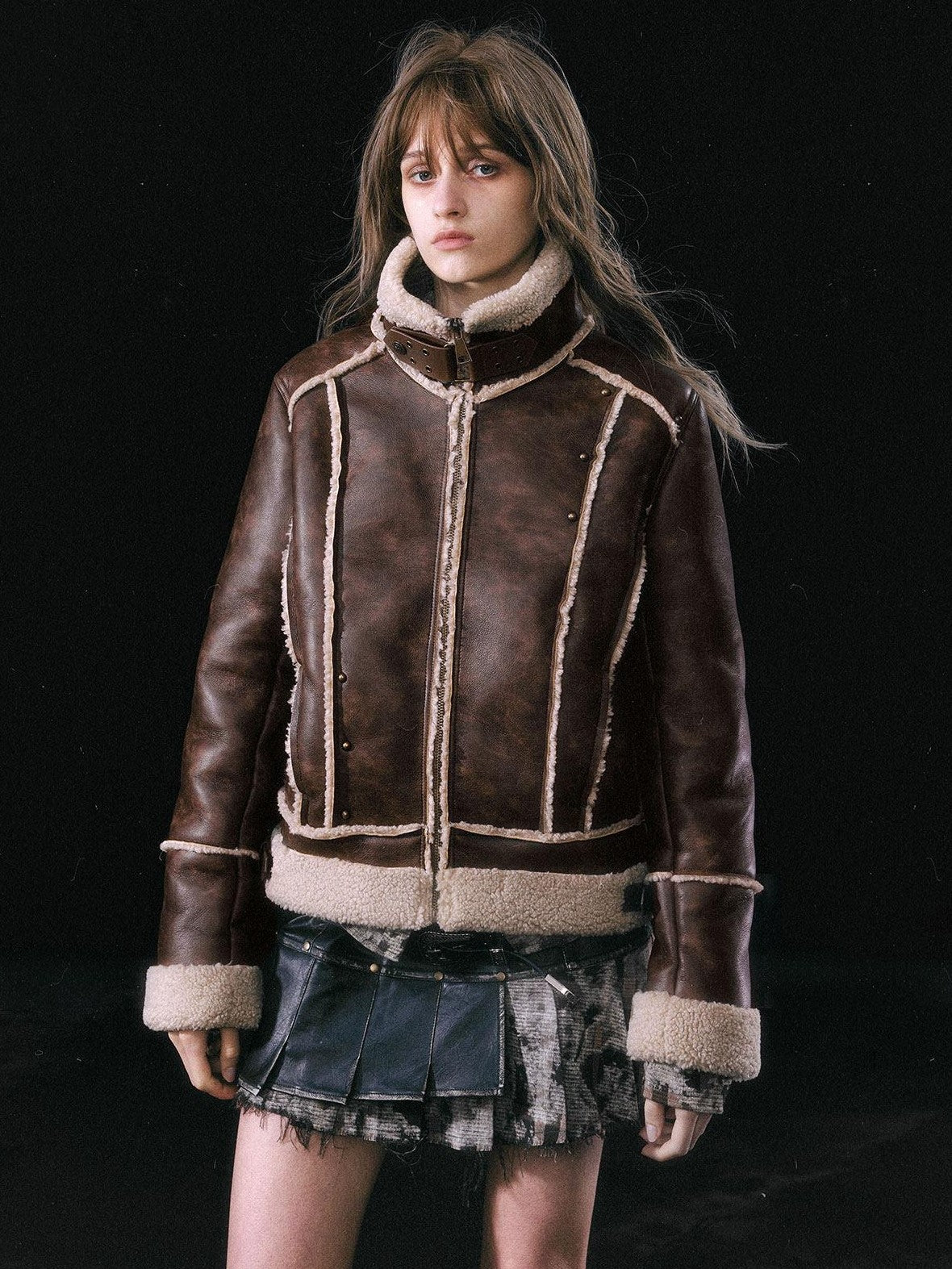 Cest Nous Brown Patchwork Biker Collar Women&