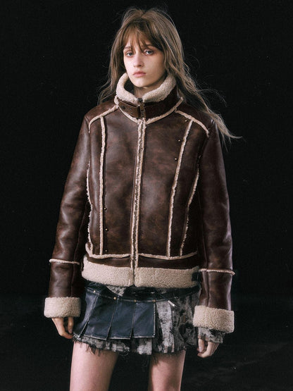 Cest Nous Brown Patchwork Biker Collar Women&