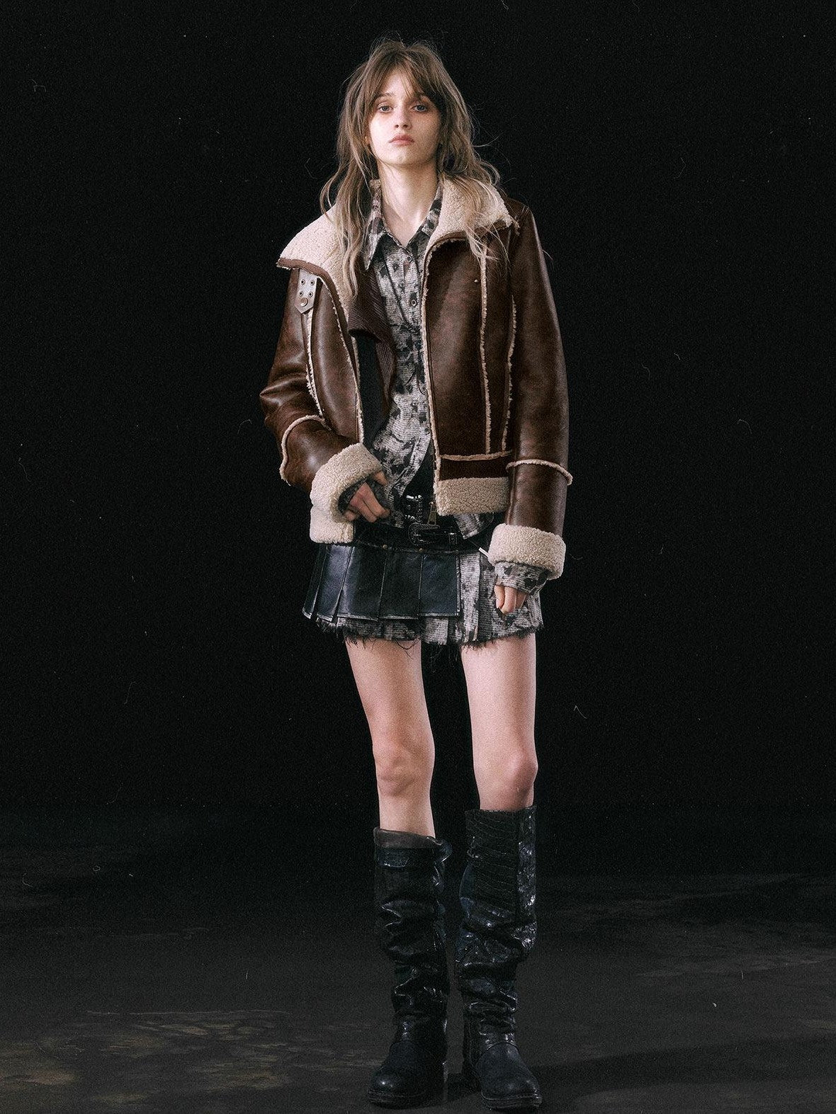 Cest Nous Brown Patchwork Biker Collar Women&