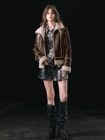 Cest Nous Brown Patchwork Biker Collar Women&