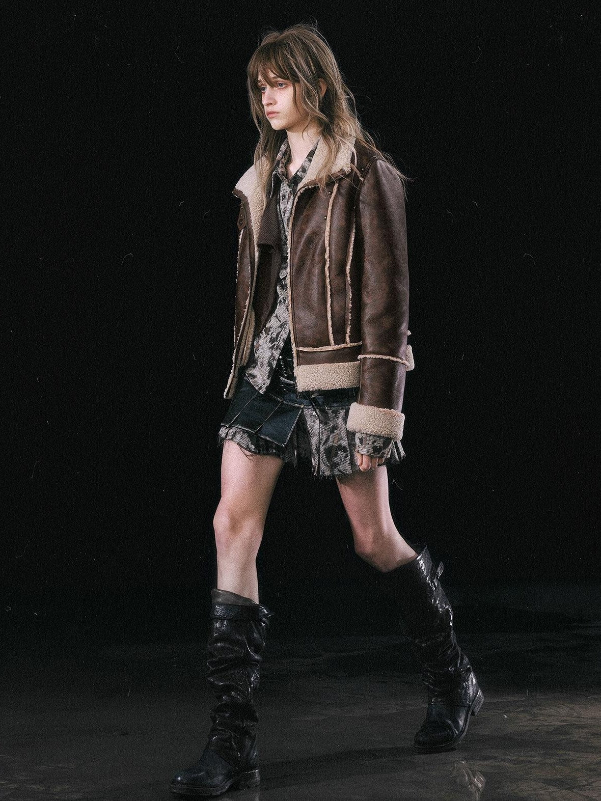 Cest Nous Brown Patchwork Biker Collar Women&