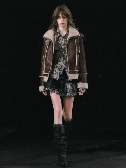 Cest Nous Brown Patchwork Biker Collar Women&
