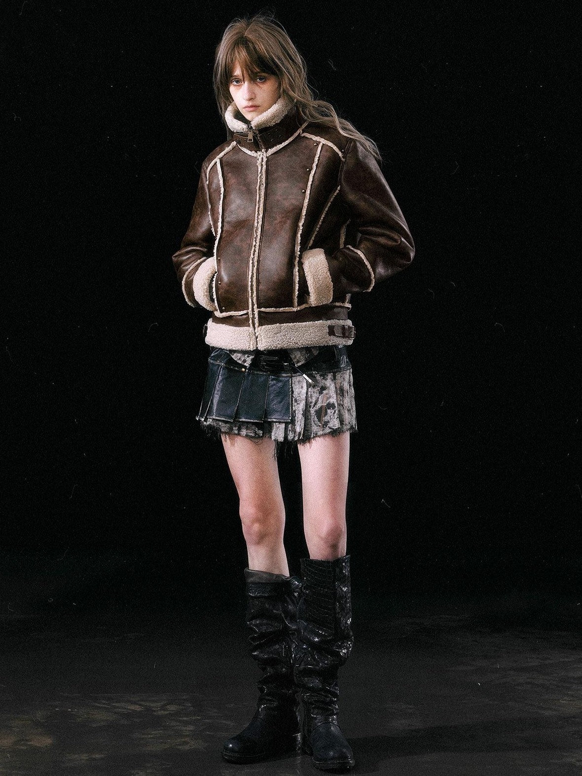 Cest Nous Brown Patchwork Biker Collar Women&