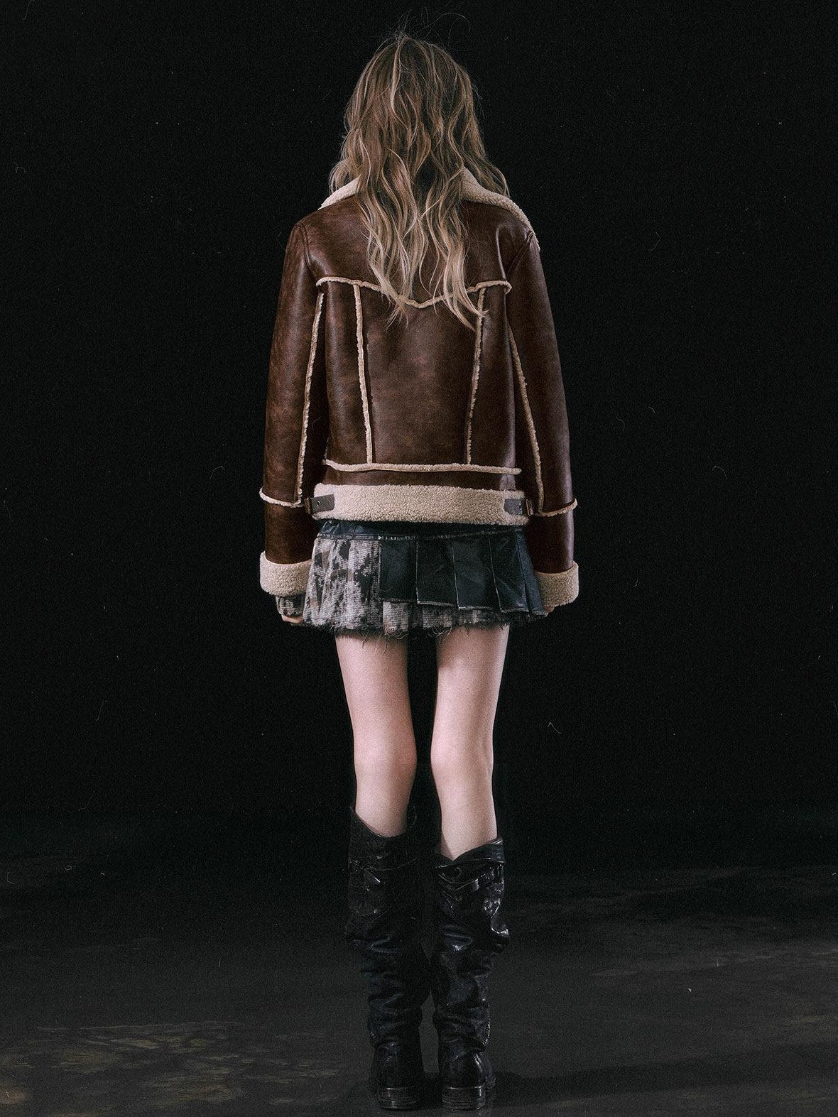 Cest Nous Brown Patchwork Biker Collar Women&