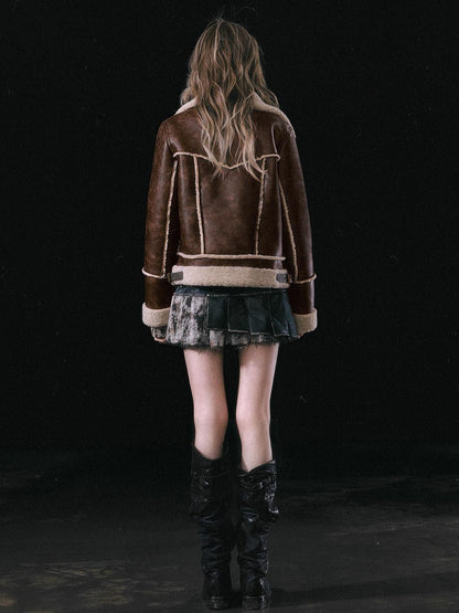 Cest Nous Brown Patchwork Biker Collar Women&