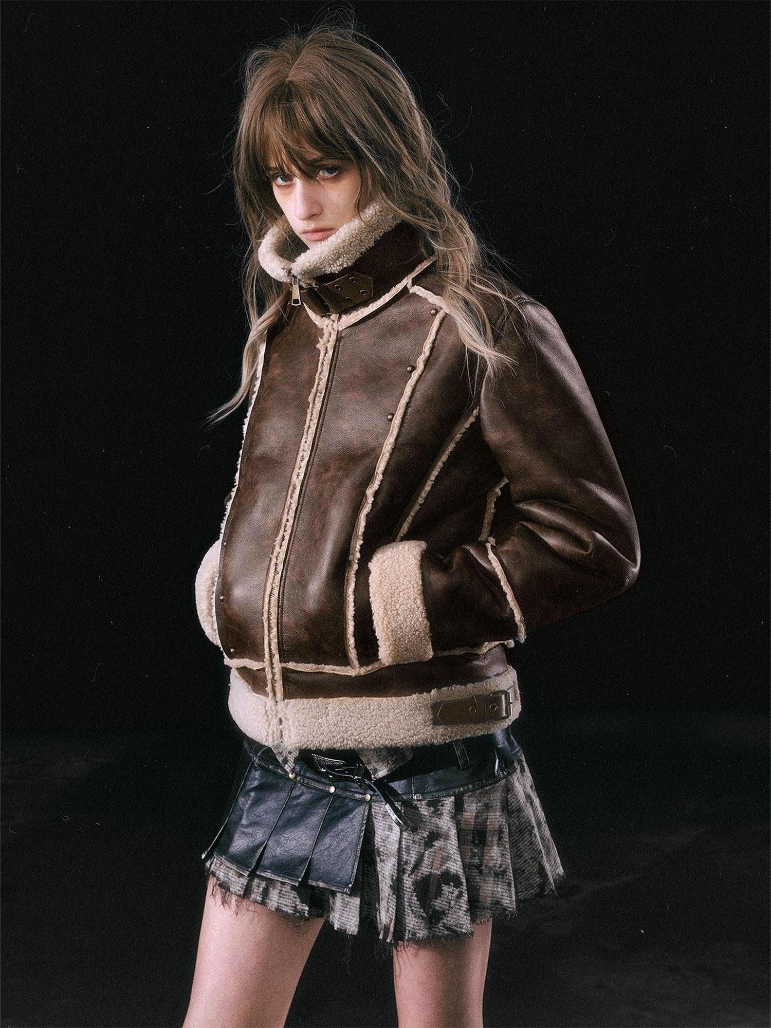 Cest Nous Brown Patchwork Biker Collar Women&