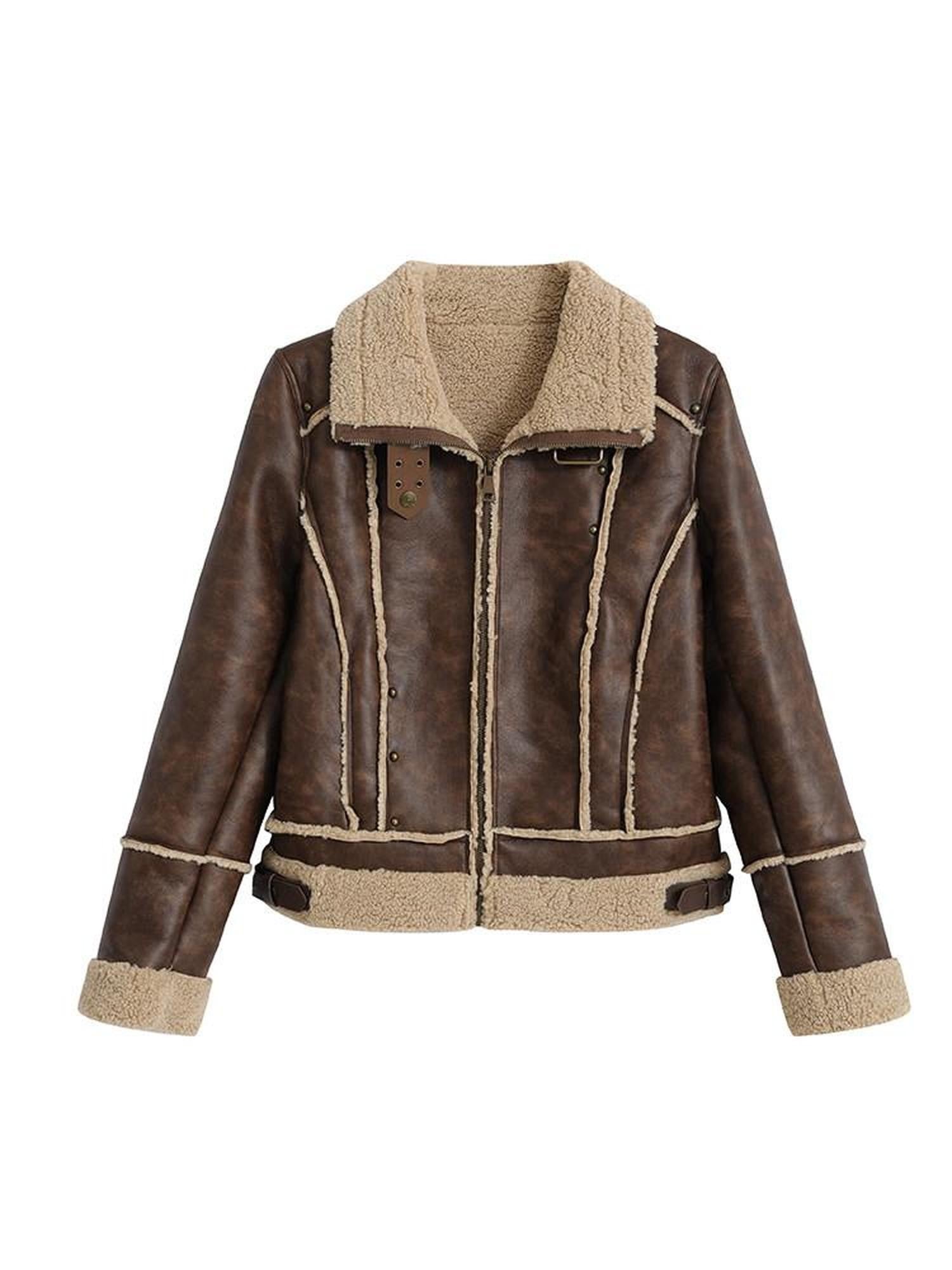 Cest Nous Brown Patchwork Biker Collar Women&