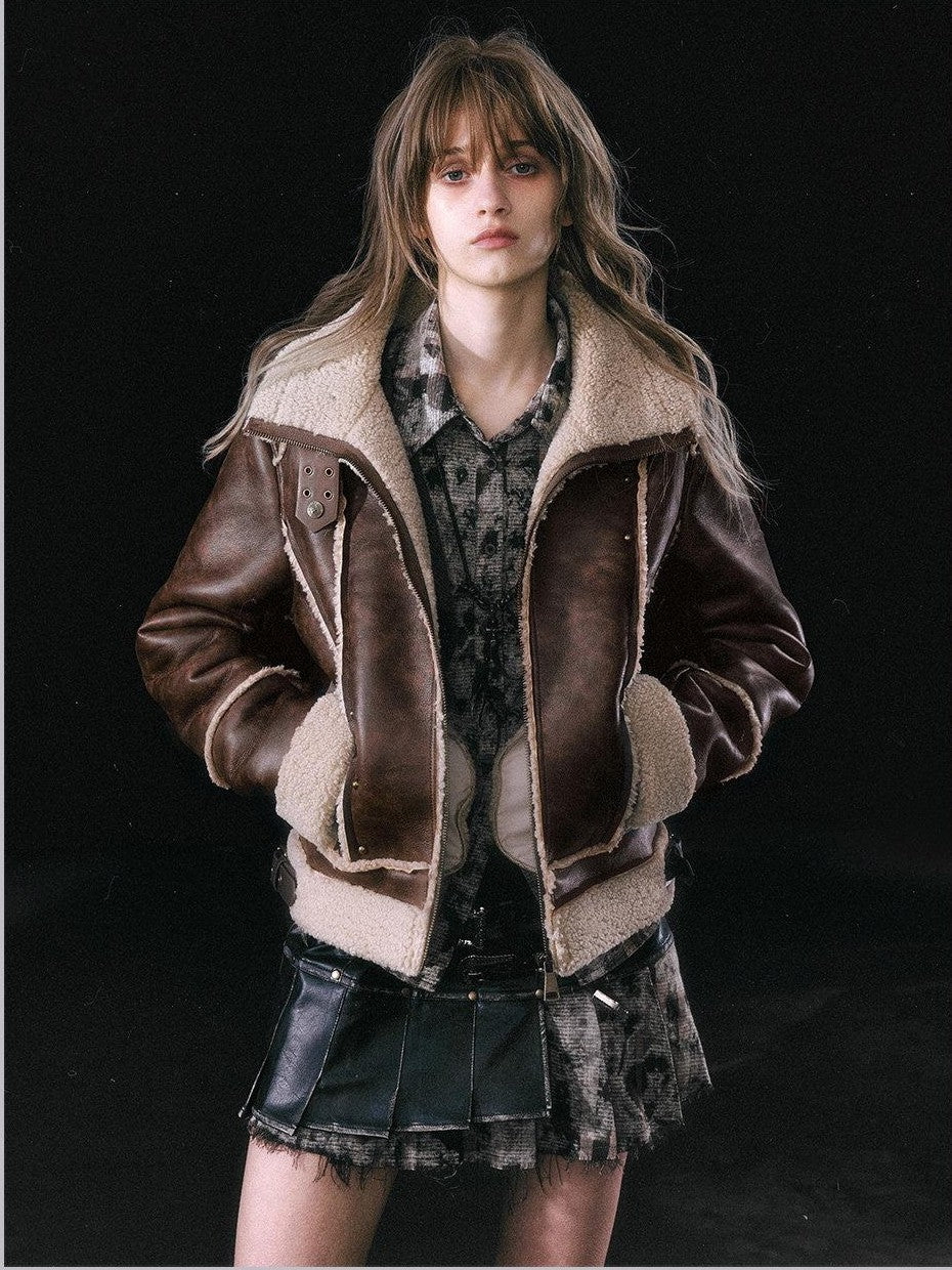 Cest Nous Brown Patchwork Biker Collar Women&