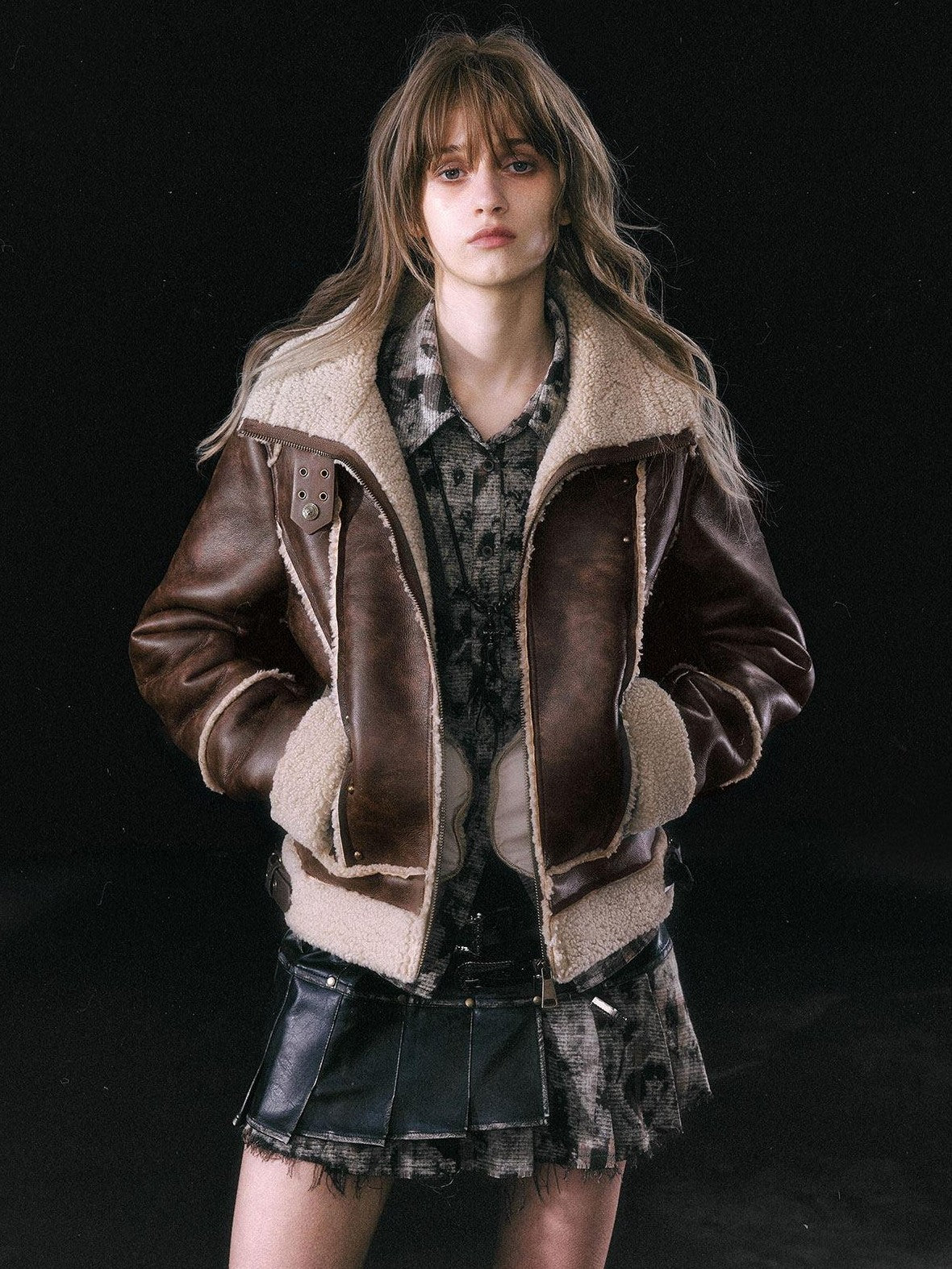 Cest Nous Brown Patchwork Biker Collar Women&