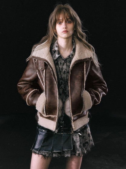 Cest Nous Brown Patchwork Biker Collar Women&