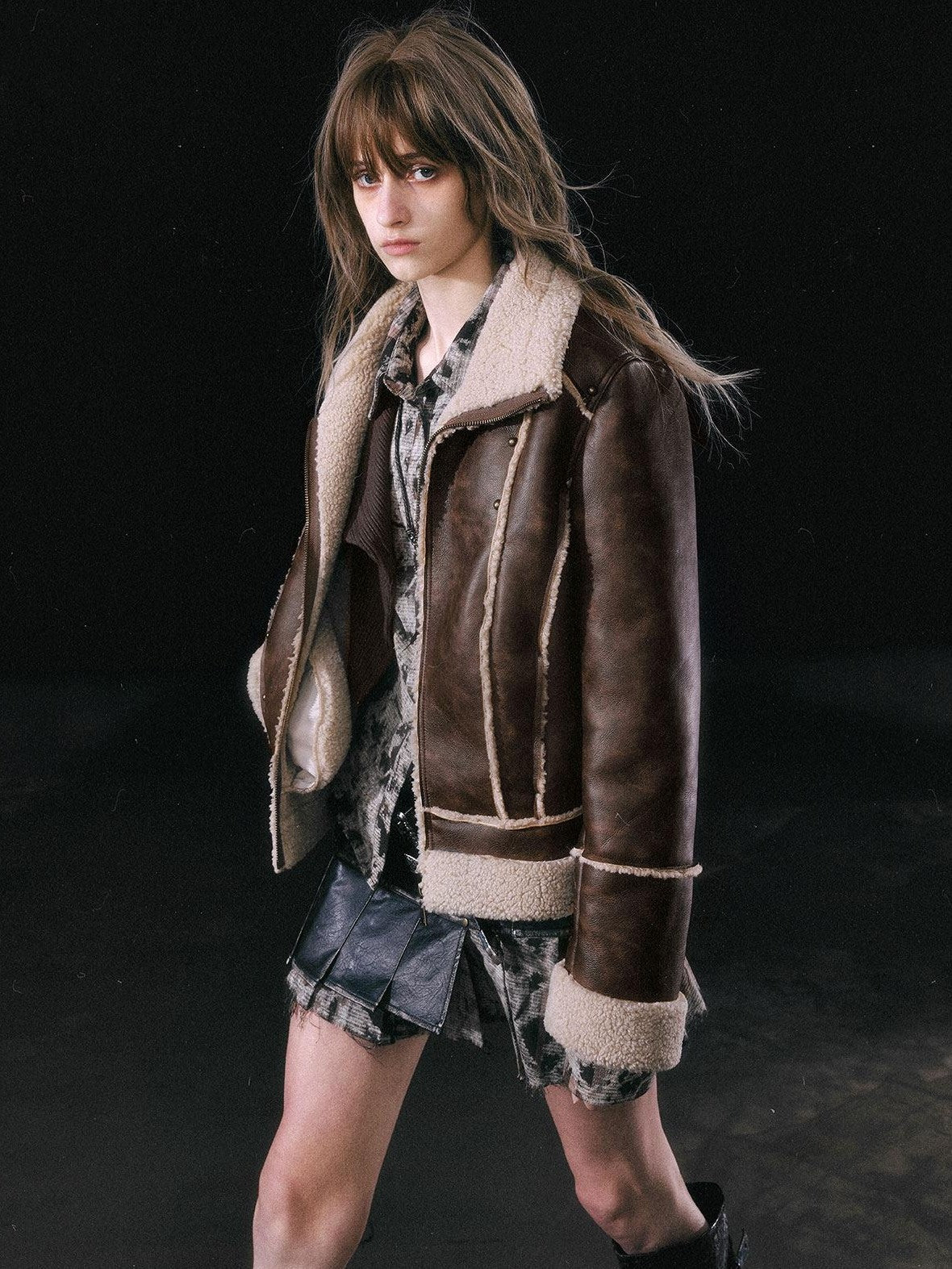 Cest Nous Brown Patchwork Biker Collar Women&