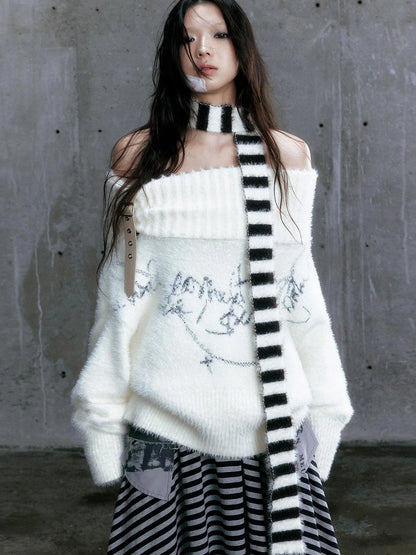 Chain Jacquard Detachable Belt Punk Collar Loose Sweater