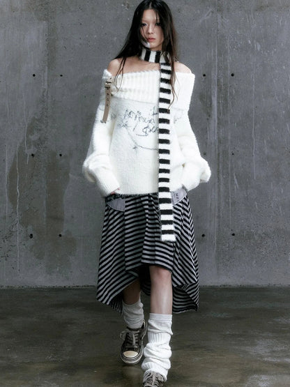 Chain Jacquard Detachable Belt Punk Collar Loose Sweater