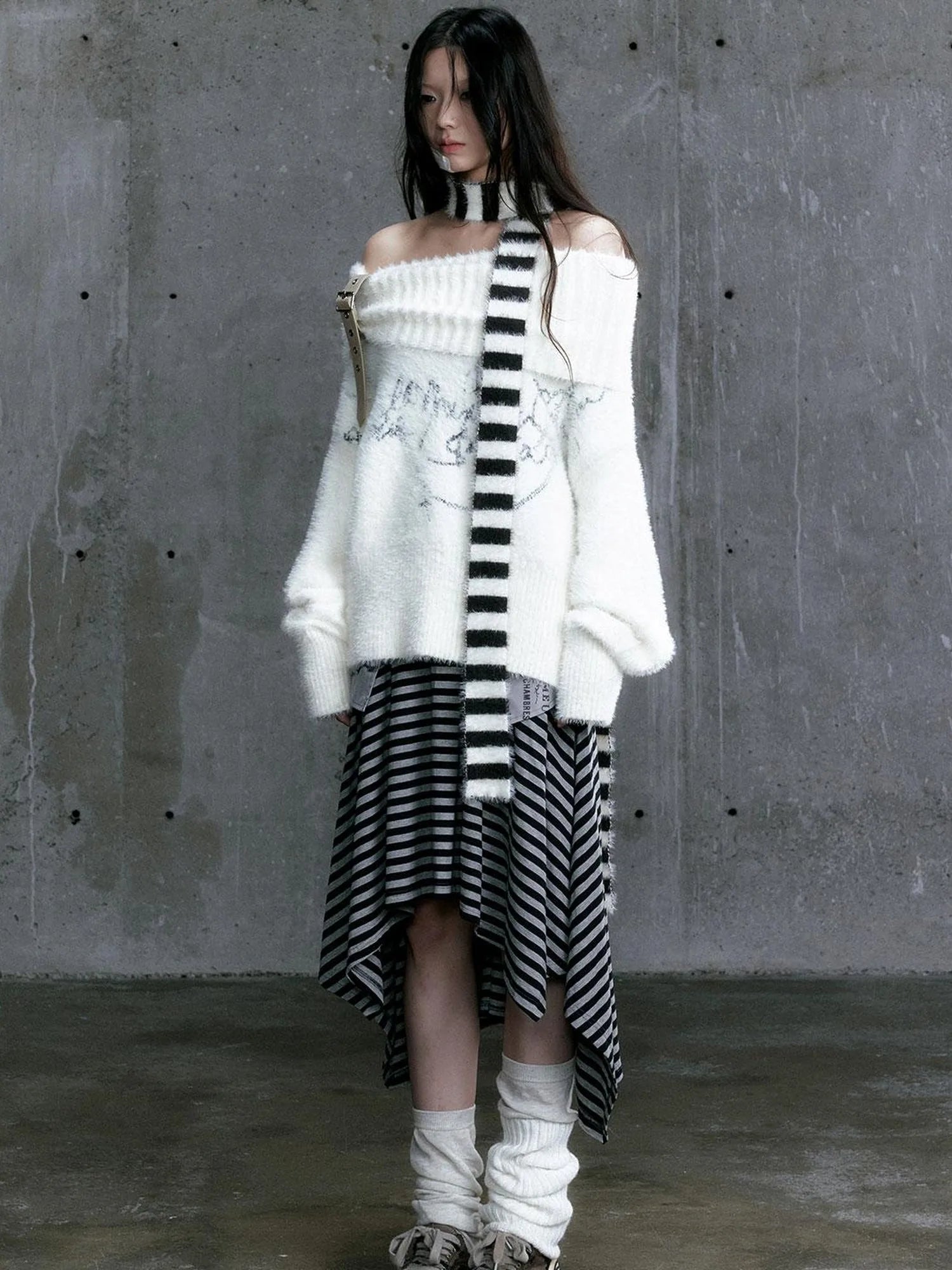 Chain Jacquard Detachable Belt Punk Collar Loose Sweater