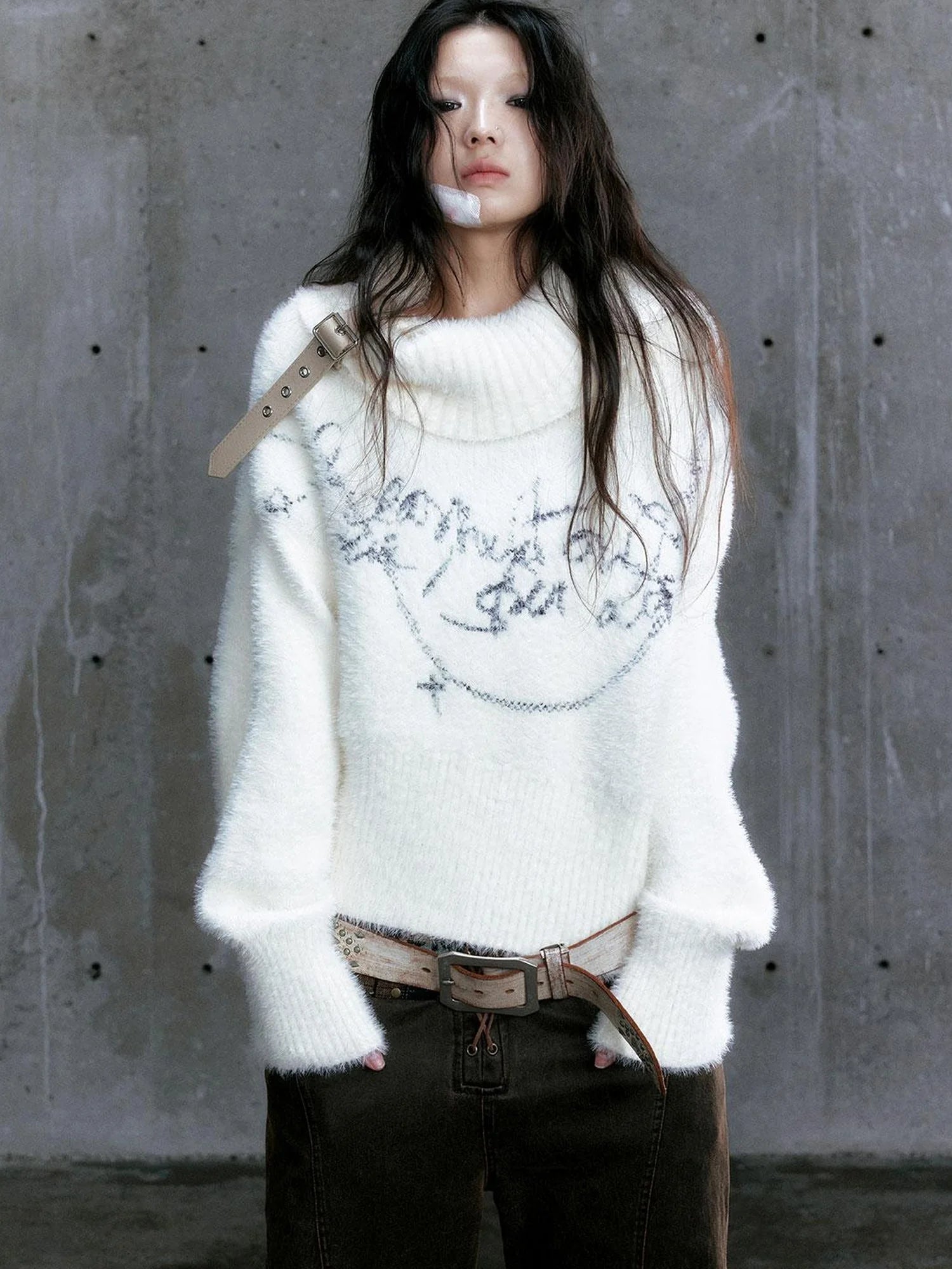 Chain Jacquard Detachable Belt Punk Collar Loose Sweater