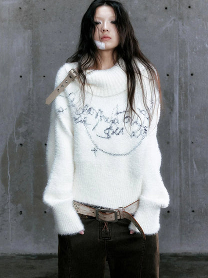 Chain Jacquard Detachable Belt Punk Collar Loose Sweater