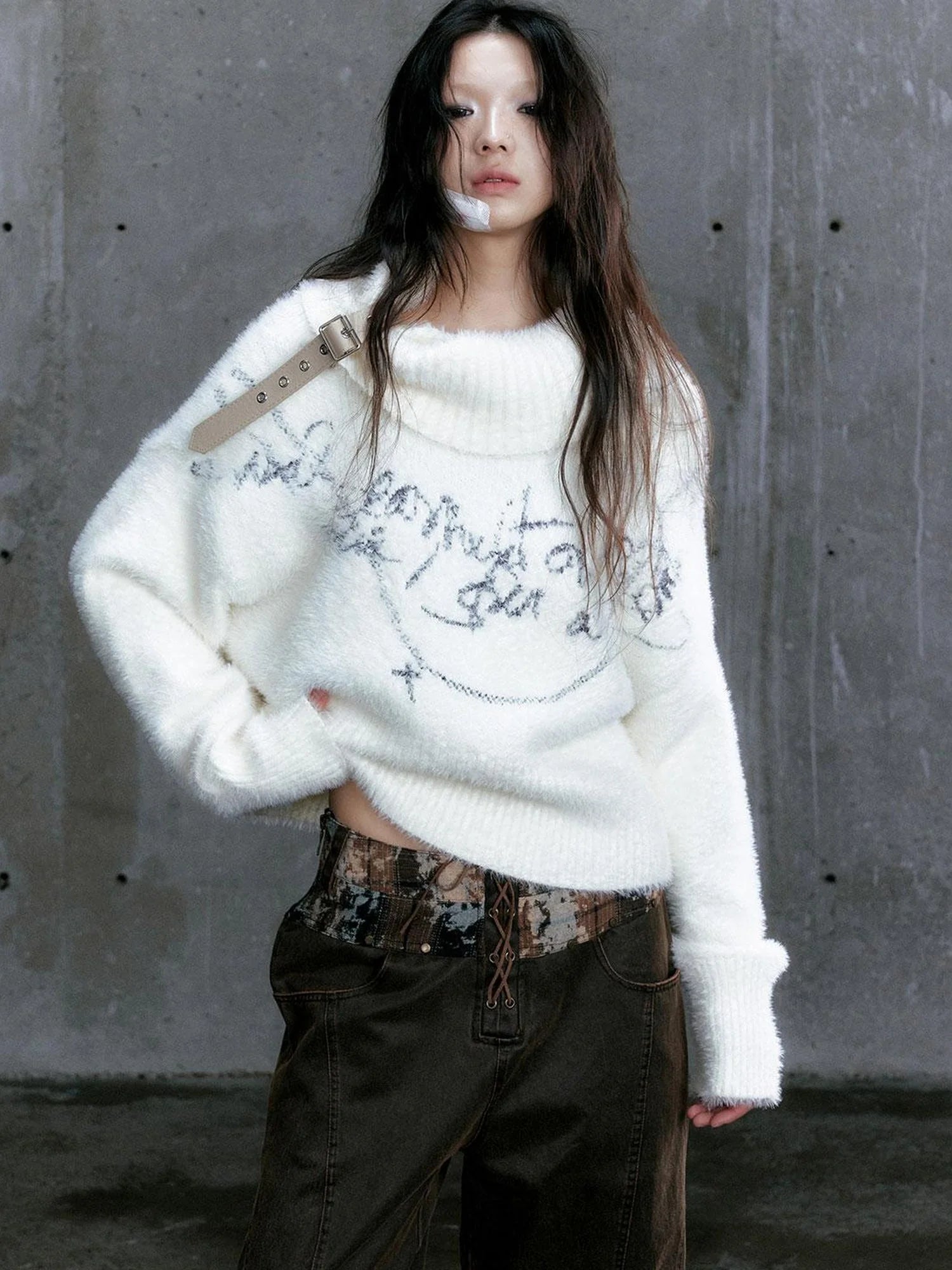 Chain Jacquard Detachable Belt Punk Collar Loose Sweater