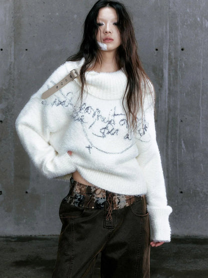 Chain Jacquard Detachable Belt Punk Collar Loose Sweater