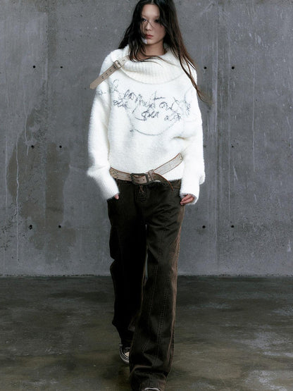 Update Cest Nous Chain Jacquard Detachable Belt Punk Collar Loose Sweater