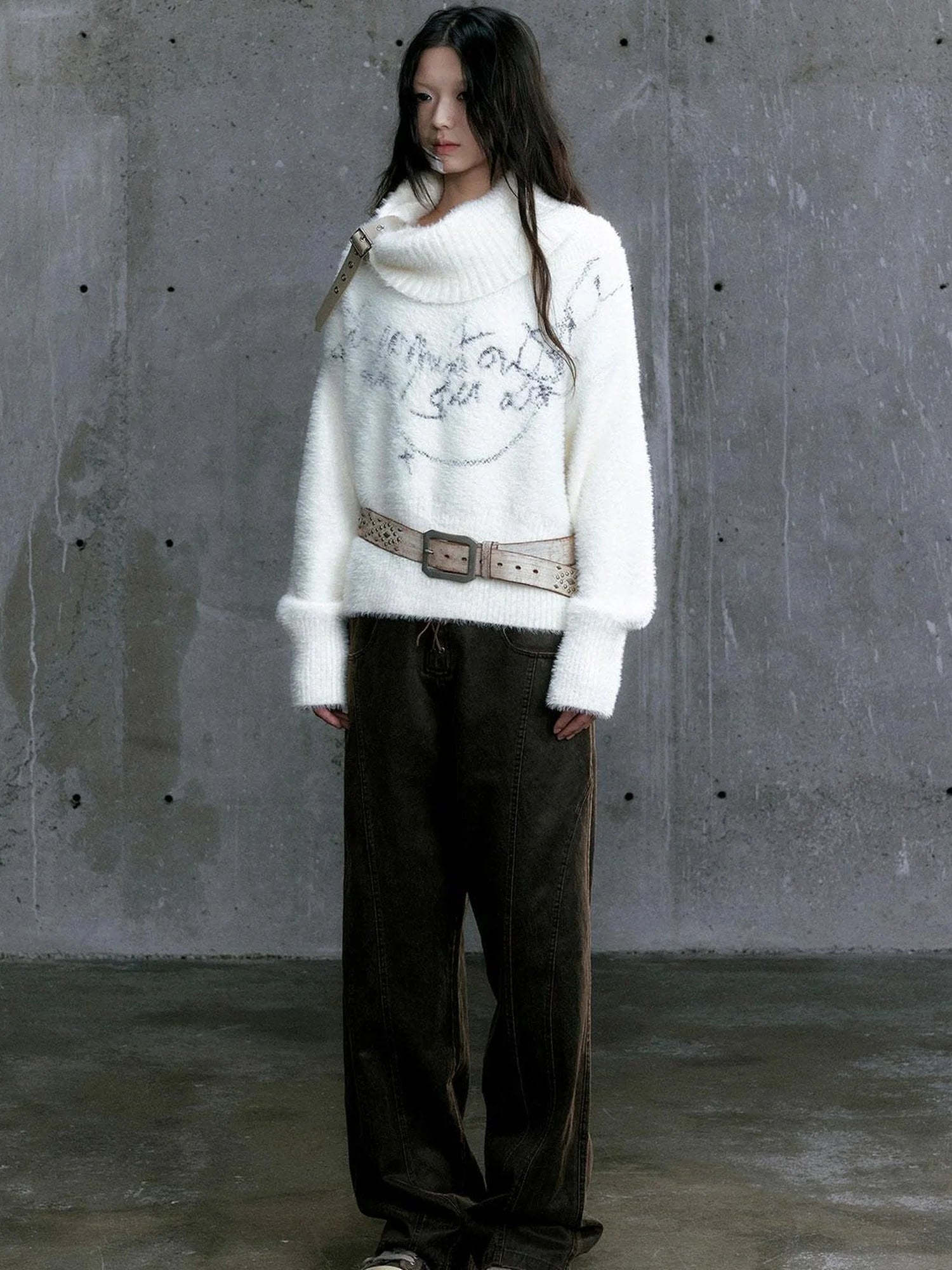 Chain Jacquard Detachable Belt Punk Collar Loose Sweater