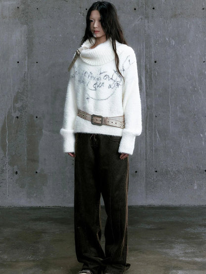 Chain Jacquard Detachable Belt Punk Collar Loose Sweater