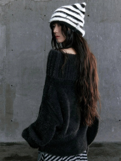 Chain Jacquard Detachable Belt Punk Collar Loose Sweater