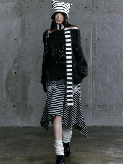 Chain Jacquard Detachable Belt Punk Collar Loose Sweater