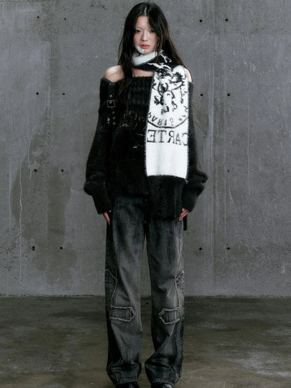 Chain Jacquard Detachable Belt Punk Collar Loose Sweater