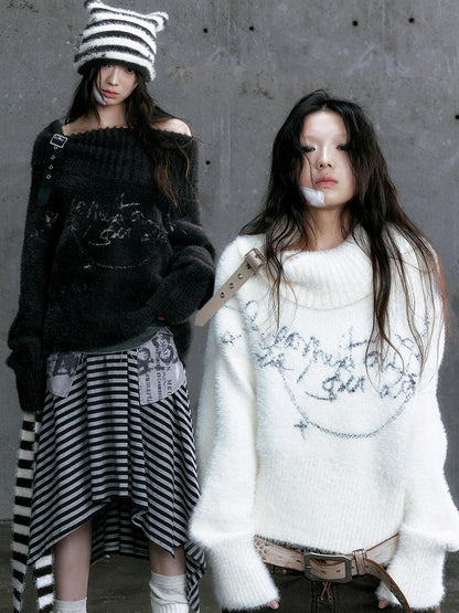 Update Cest Nous Chain Jacquard Detachable Belt Punk Collar Loose Sweater