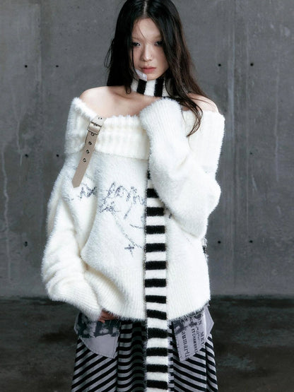 Chain Jacquard Detachable Belt Punk Collar Loose Sweater