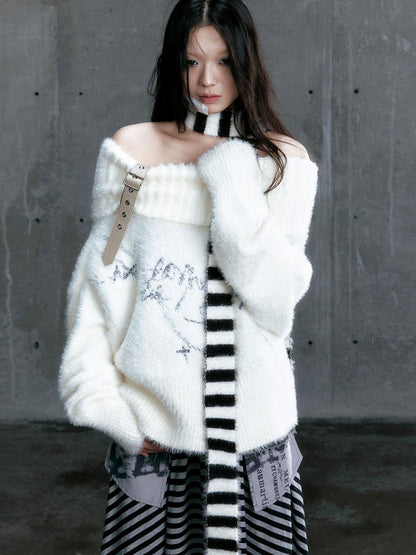 Update Cest Nous Chain Jacquard Detachable Belt Punk Collar Loose Sweater