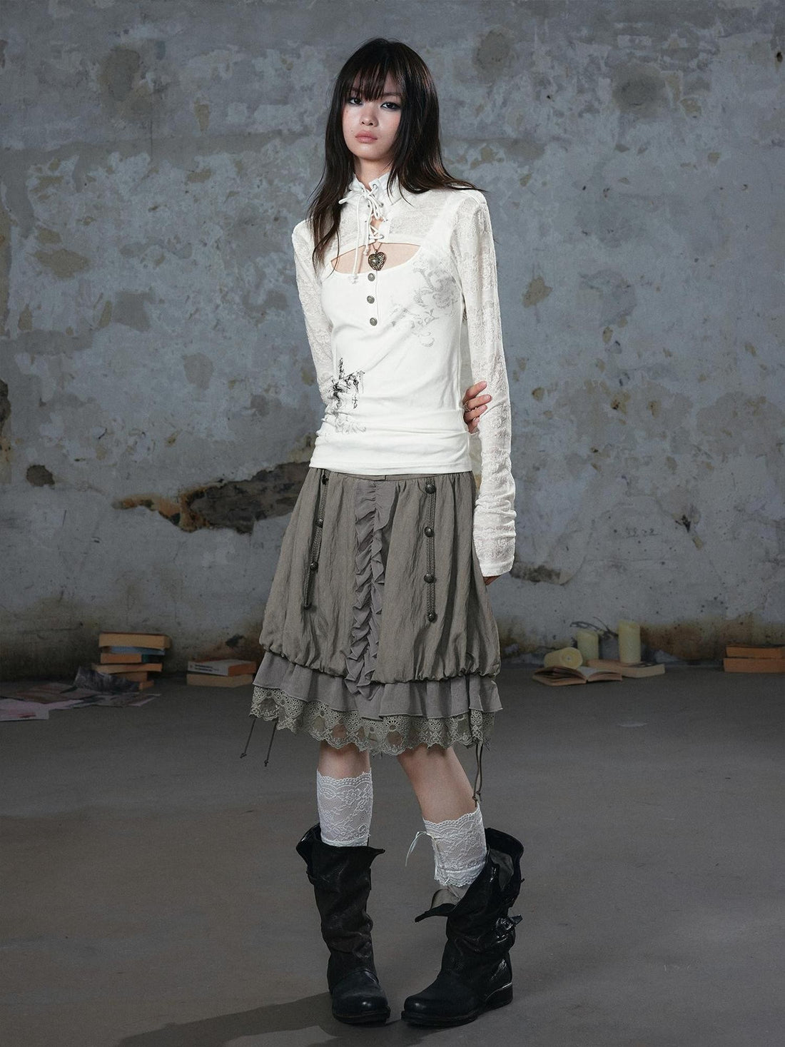 Cest Nous Chiffon Lace Spliced Napoleon Button Mid Waist A Line Bubble Women&