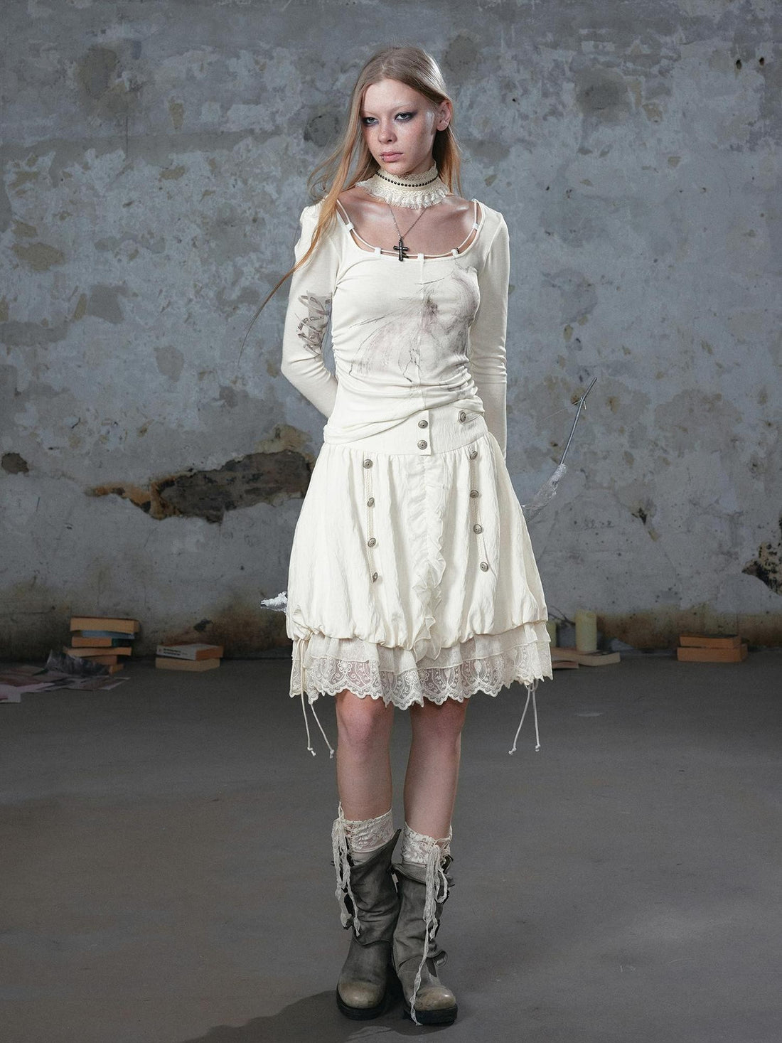 Cest Nous Chiffon Lace Spliced Napoleon Button Mid Waist A Line Bubble Women&
