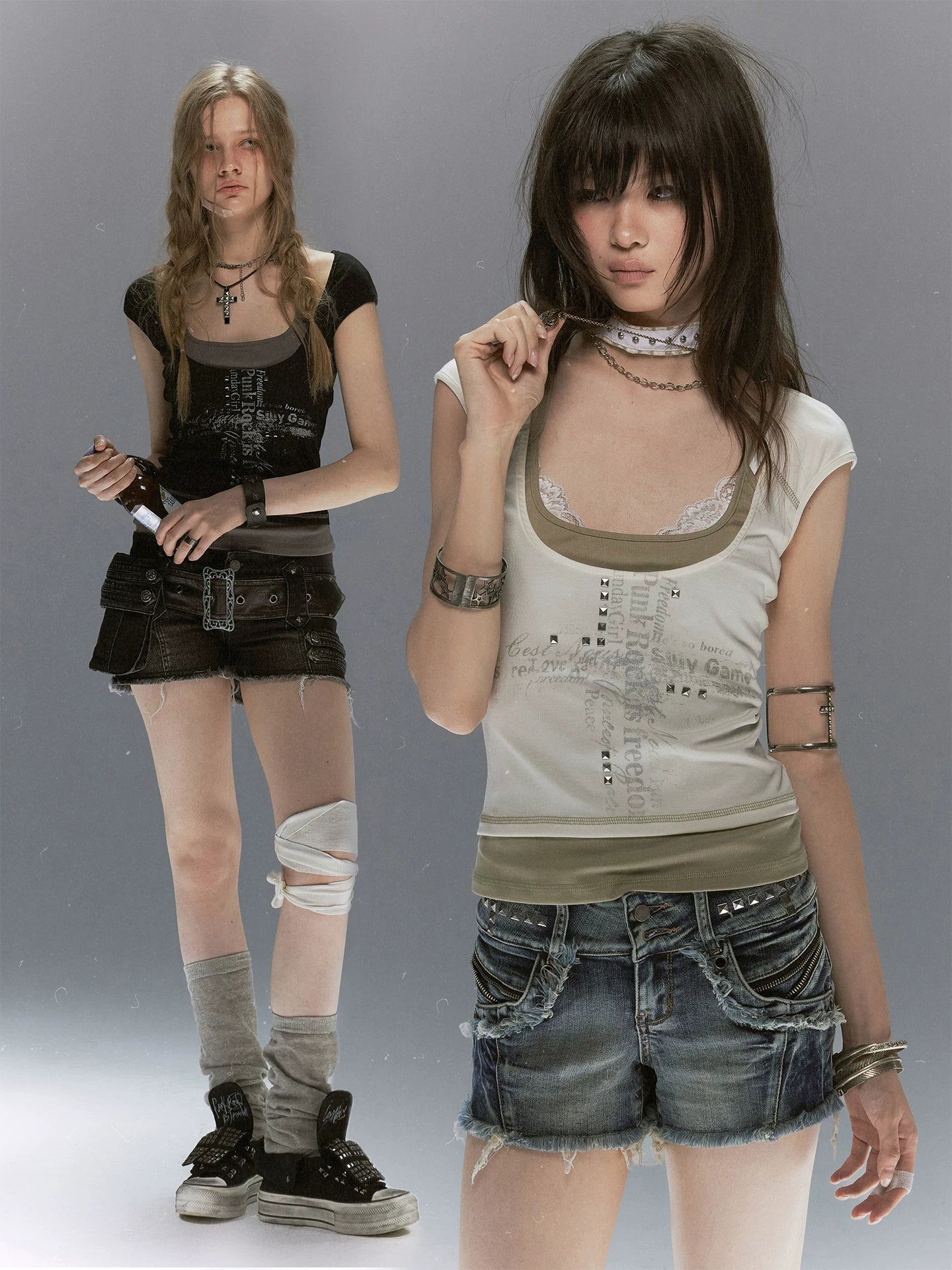 Cest Nous Colorblock Faux Layered Silver Foil Cross Graffiti Women&