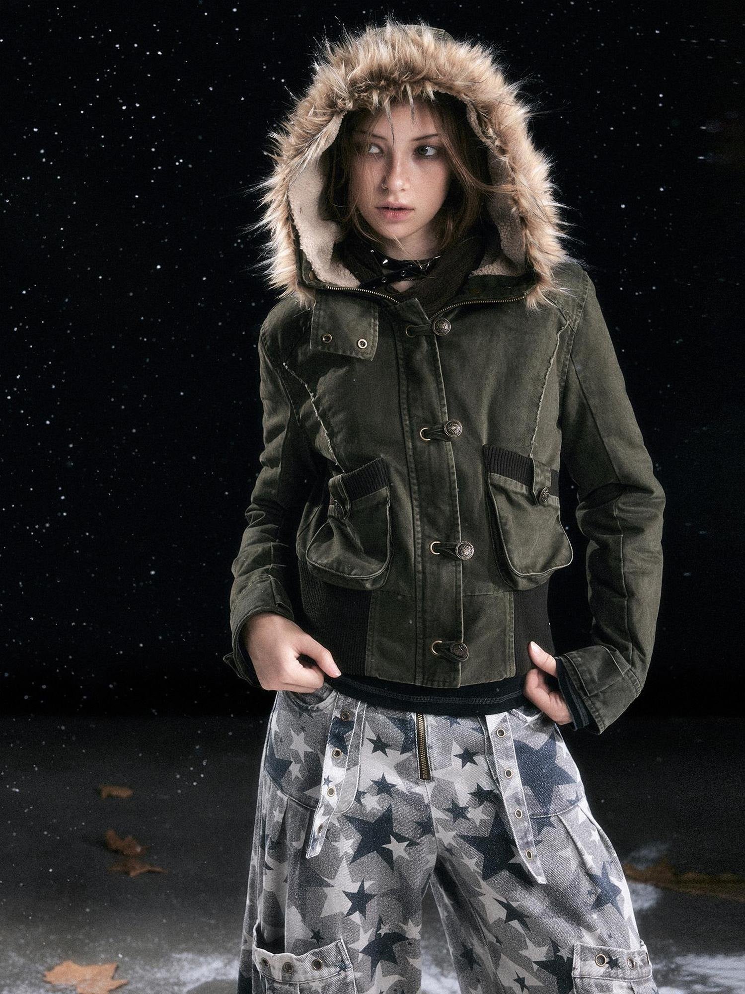 Cest Nous Cotton Filled Hooded Short Straight Commuter Women Olive Green Puffer Jacket