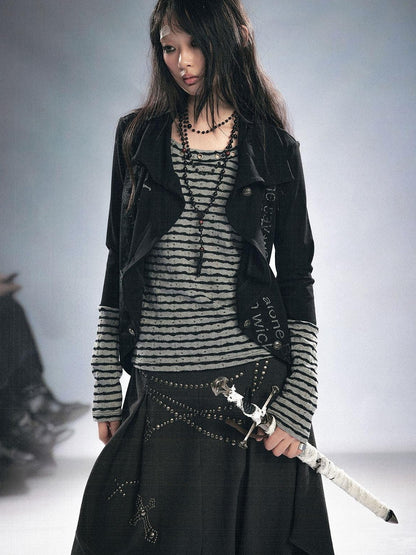 Cest Nous Cotton Stretch Layered Punk Striped Regular Fit Women Long Sleeve T-Shirt