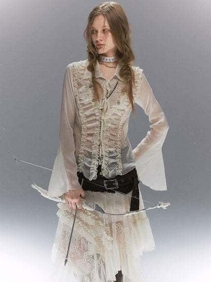 Cest Nous Court Lace Pleated Collared Placket Long Sleeve Women&