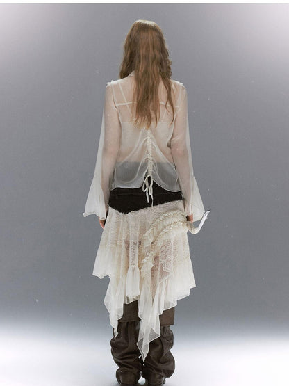 Cest Nous Court Lace Pleated Collared Placket Long Sleeve Women&