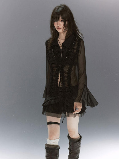 Cest Nous Court Lace Pleated Collared Placket Long Sleeve Women&