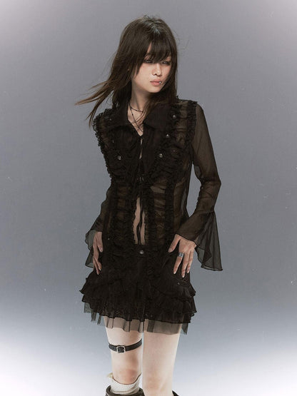 Cest Nous Court Lace Pleated Collared Placket Long Sleeve Women&