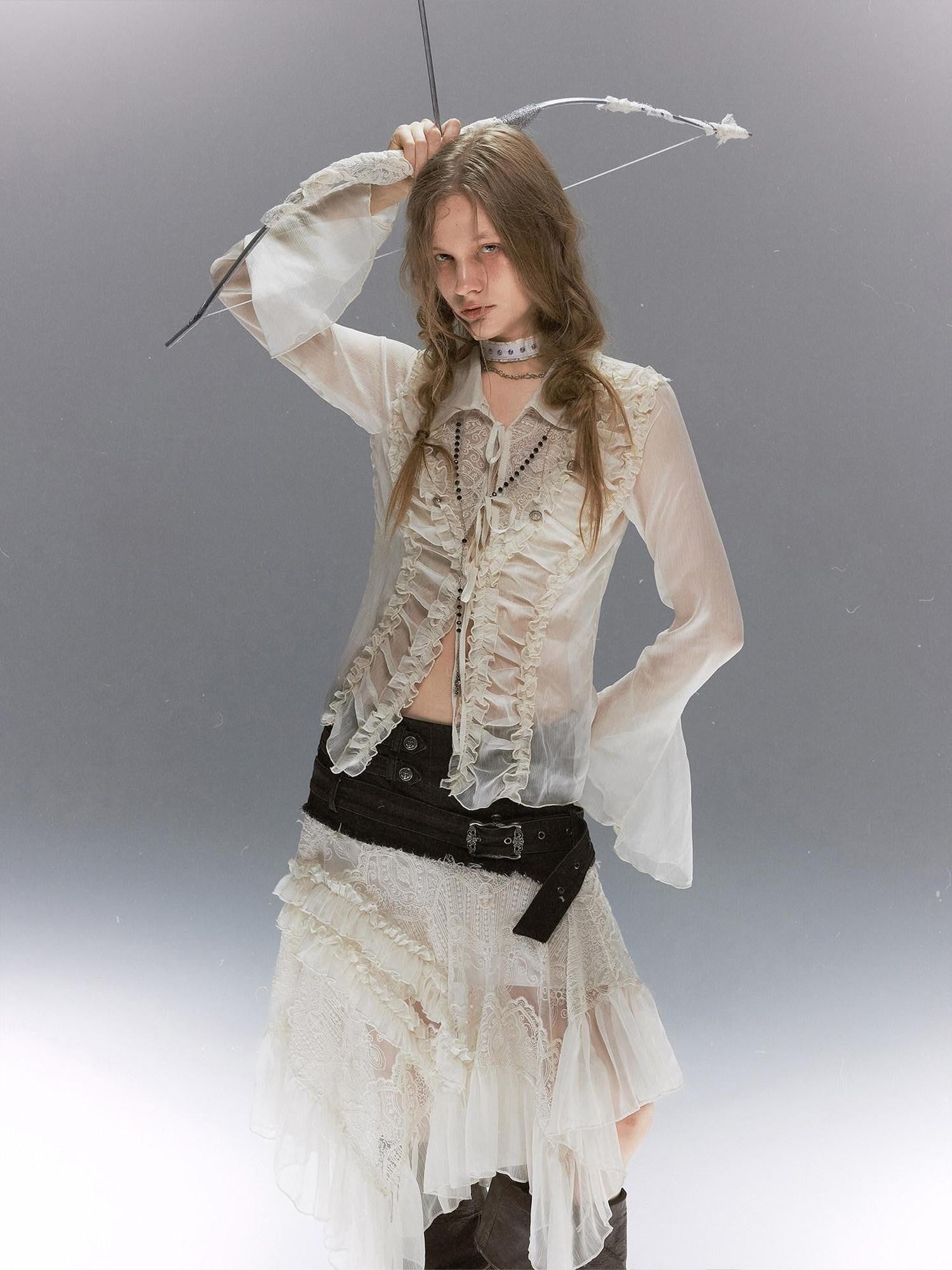 Cest Nous Court Lace Pleated Collared Placket Long Sleeve Women&