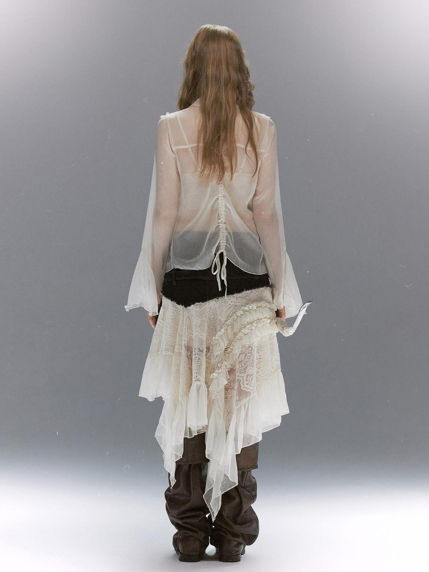 Cest Nous Court Lace Pleated Collared Placket Long Sleeve Women&