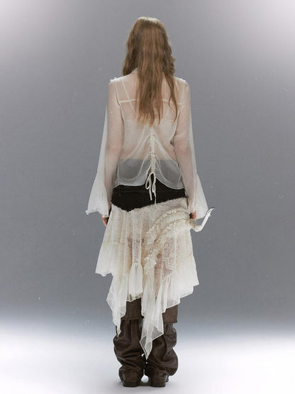 Cest Nous Court Lace Pleated Collared Placket Long Sleeve Women&