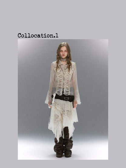 Cest Nous Court Lace Pleated Collared Placket Long Sleeve Women&
