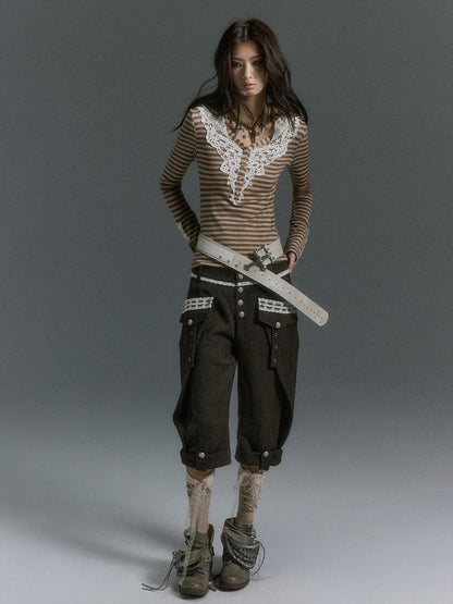 Cest Nous Court Style Embroidered Lace Striped Hooded Women&