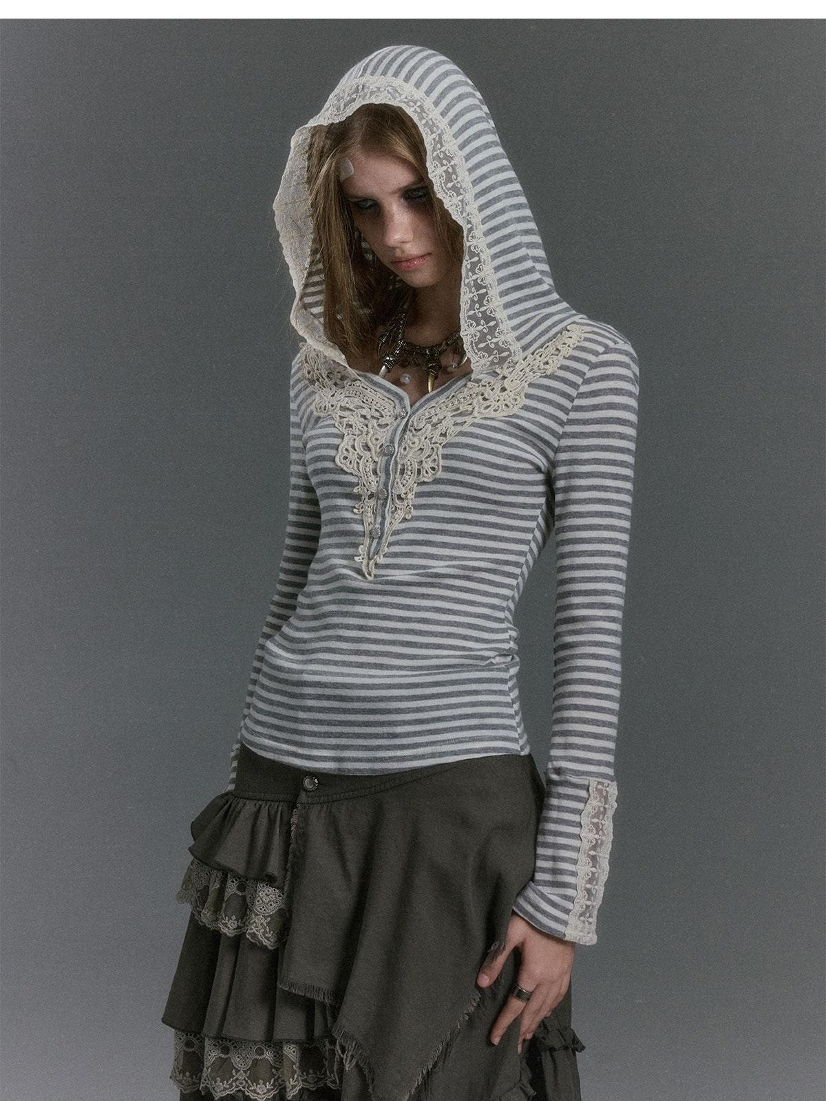 Cest Nous Court Style Embroidered Lace Striped Hooded Women&
