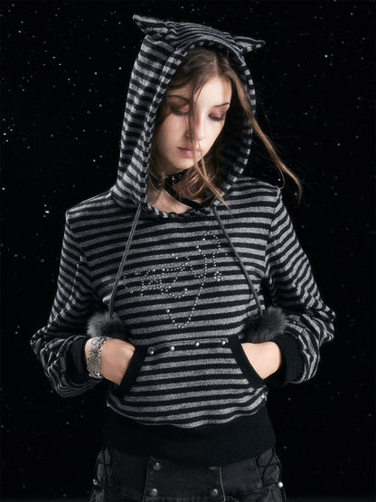 Cest Nous Cozy Loose Fit Striped Pullover Hooded Long Sleeve Commuter Black Gray Hoodies